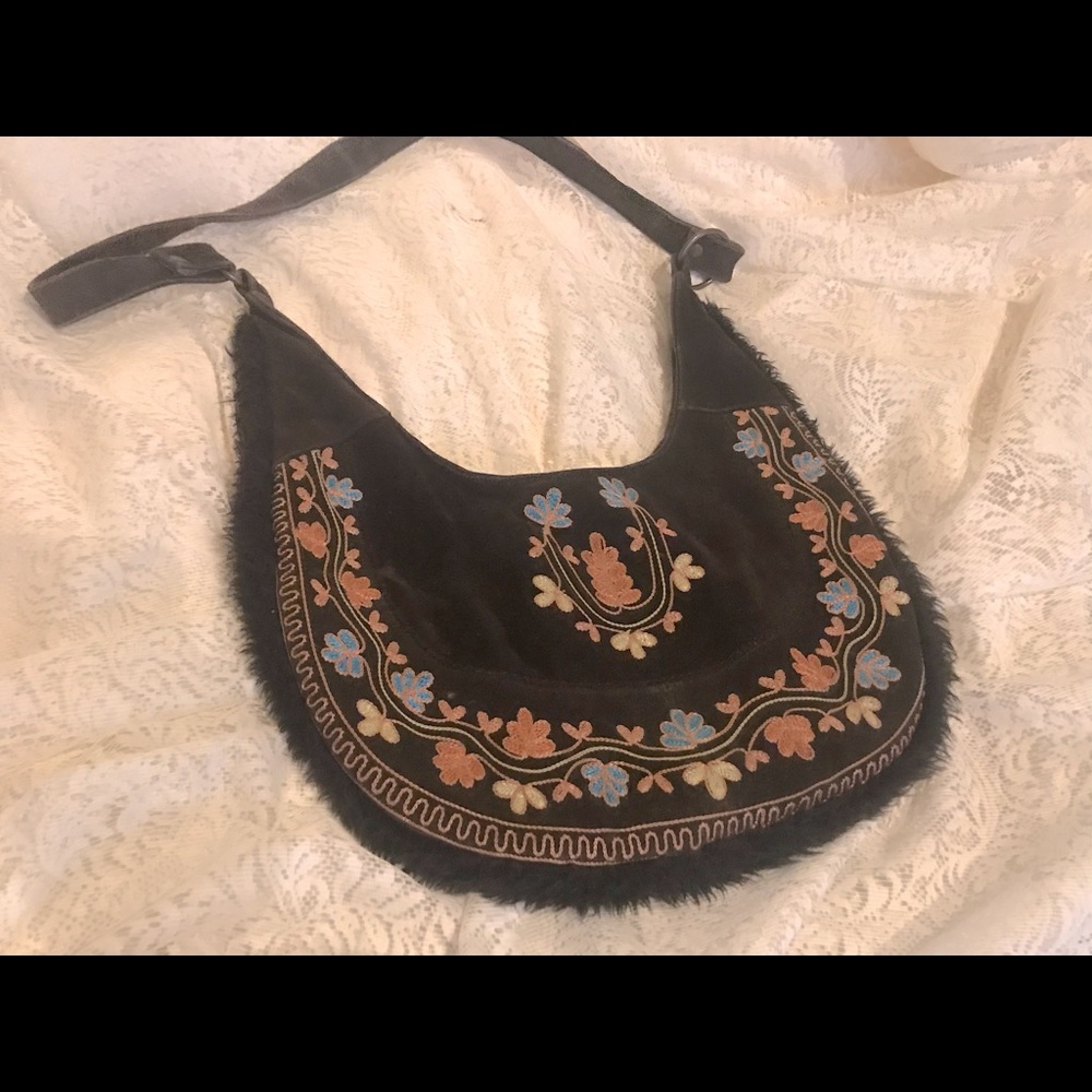 Vintage suede purse with floral embroidery